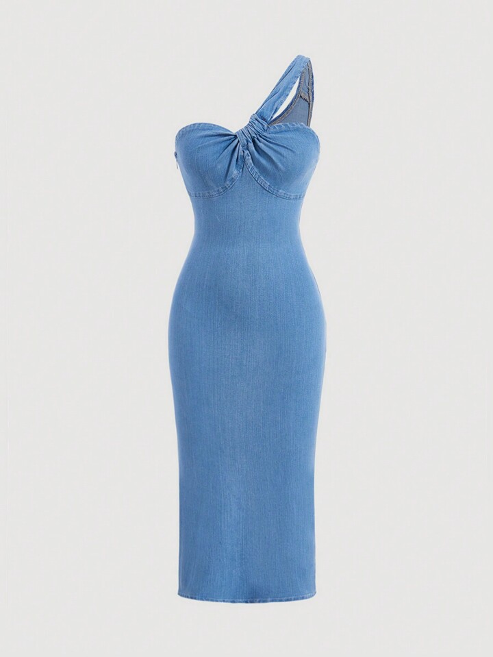SHEIN MOD Blue Asymmetrical One Shoulder Twist Front Denim