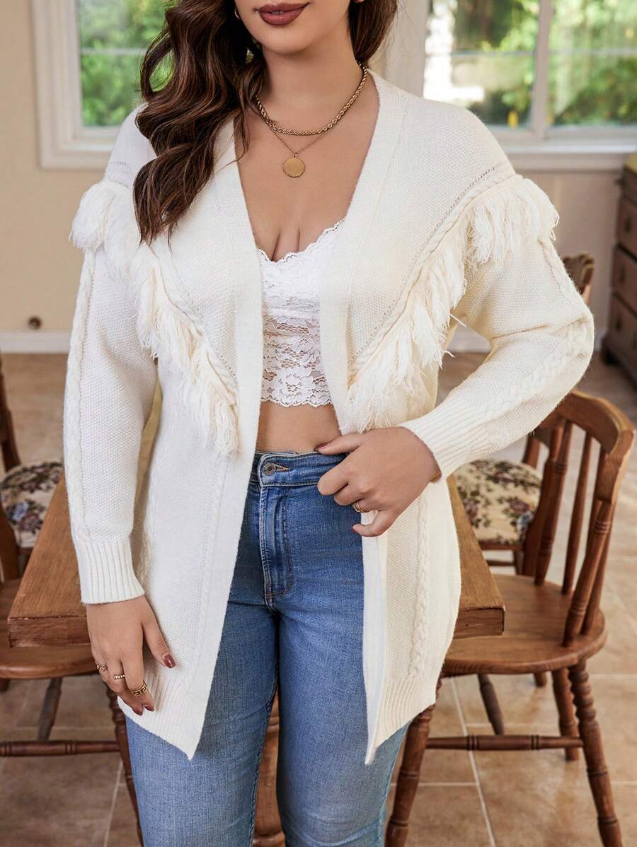 Flirla Hơn Viền rìa Thả vai Áo len Duster - trắng - Xem 1