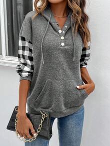 SHEIN LUNE 女士連帽衛衣,格紋圖案和下垂肩袖設計 - 灰色 - 查看 6