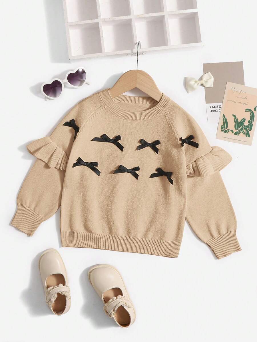 SHEIN Cô Gái Trẻ Nơ mặt trước Viền Ruffle Tay Raglan Áo len - Màu Khaki - Xem 1