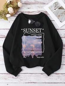 SHEIN EZwear Sea & Slogan Printed Drop Shoulder Sweatshirt - Black - View 6