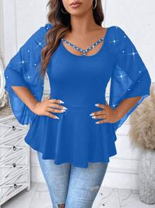 SHEIN Clasi 大尺寸串珠鏤空腰部收緊上衣 - 寶藍色 - 查看 7