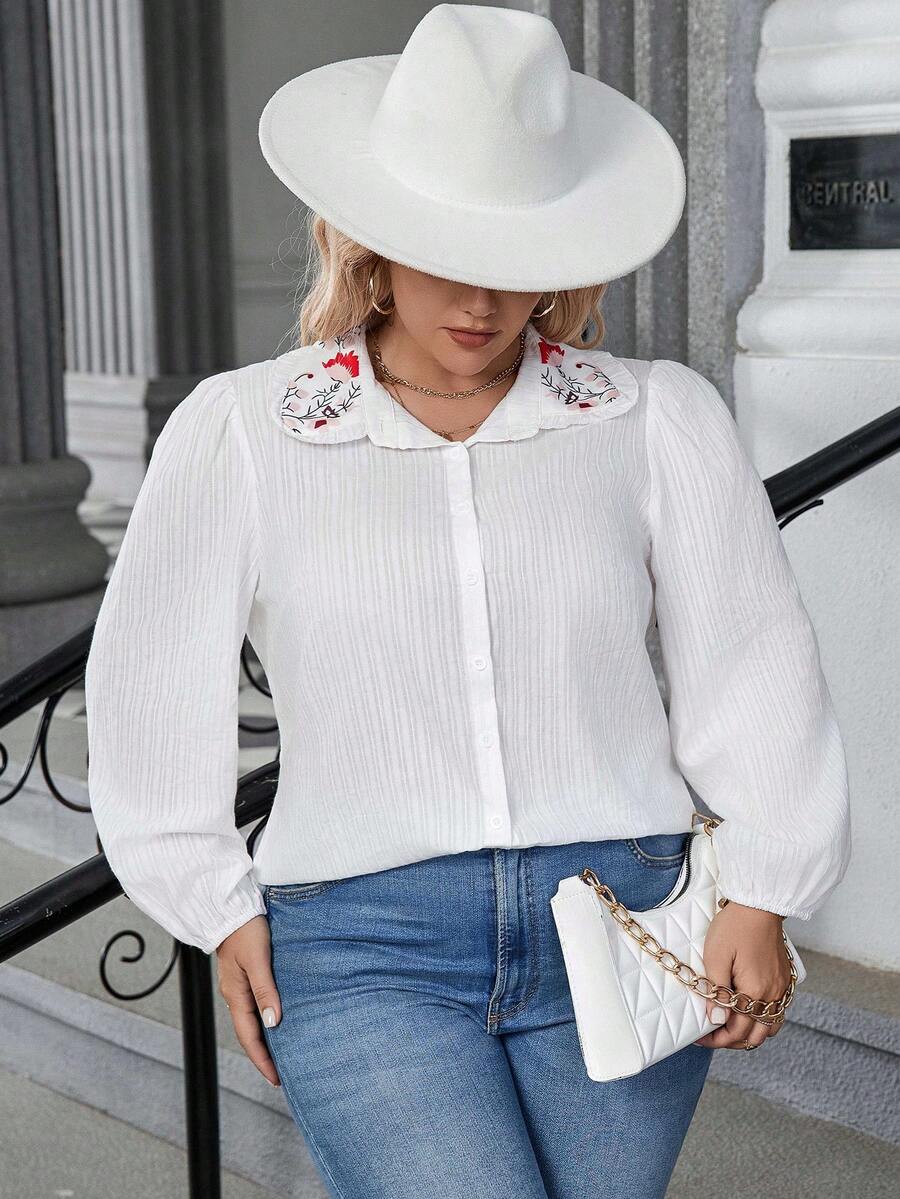 Calvaya Plus Floral Embroidery Lantern Sleeve Shirt - White - View 1