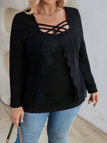 Calvaya Plus Contrast Lace Crisscross Front Tee - Black - View 6
