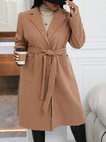 Calvaya Kích thước lớn Đinh tán Thiết kế Thắt lưng Len áo - Màu Khaki - Xem 5