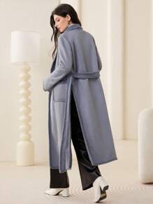 Seusyu Shawl Collar Dual Pocket Belted Coat - Grey - View 2