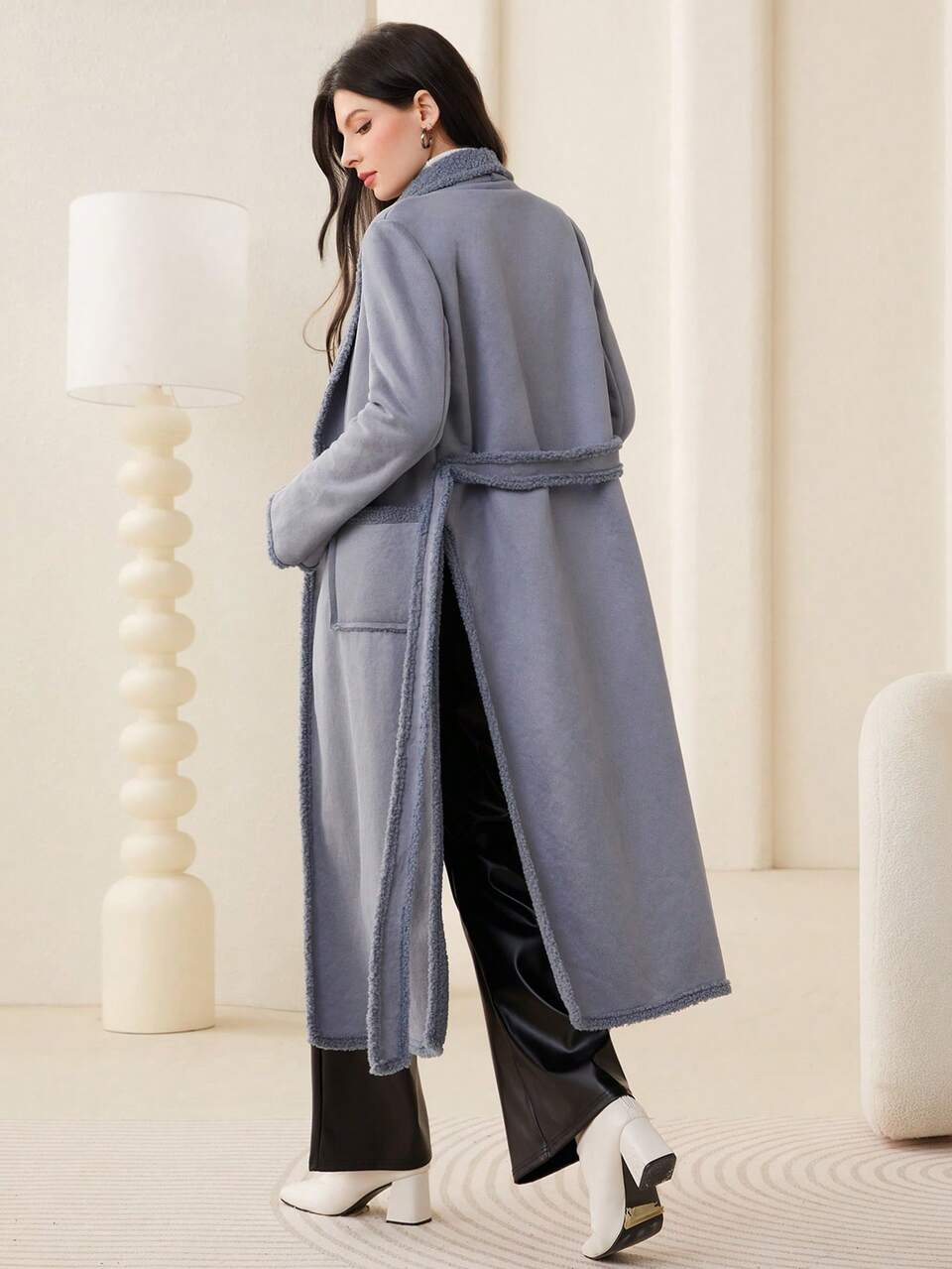 Shawl Collar Dual Pocket Belted Coat