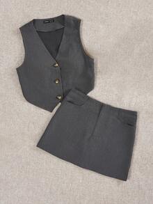 SHEIN EZwear Button Front Vest Blazer & Bodycon Skirt Without Shirt - Dark Grey - View 3