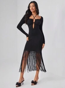 Taranthola 设计师交叉系带流苏下摆紧身连衣裙、优雅连衣裙、秋季新年夜服装，适合秋季、节日、派对 - 黑色 - 查看 4