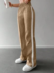 RueChic Contrast Side Seam Straight Leg Sweatpants - Khaki - View 5
