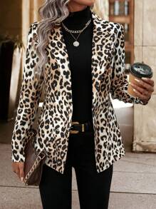 SHEIN LUNE Women's Leopard Print Suit Jacket - Brown - View 5