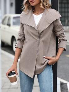 Solid Color Zipper Front Collar Woolen Jacket - Coffee Brown - View 5