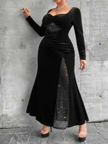 Celure Plus Size Contrast Mesh Dress - Black - View 7
