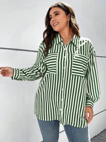 Flirla 大尺寸條紋印花落肩襯衫 - 綠色 - 查看 6