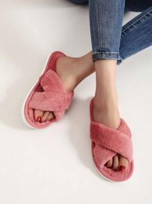 lông tơ Của phụ nữ Trong nhà Dép đi trong nhà Với Vượt qua Dây đai , Đỏ  Dép đi trong nhà Đối với Tất cả các mùa , Chóp giầy mở ra , Ấm áp - Màu Hồng Tươi - Xem 2