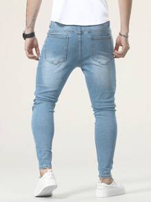 Manfinity Homme Men's Skinny Ripped Jeans, Men Ripped Skinny Jeans, Blue Ripped Jeans, Ripped Jeans Men - Light Wash - View 2