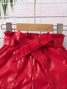 SHEIN 小女孩 Pu 皮短褲(配皮帶) - 紅色 - 查看 3