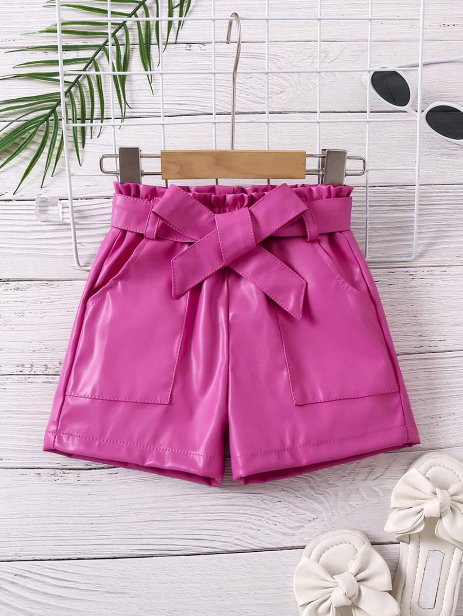 SHEIN Little Girls' Pu Belted Shorts - Hot Pink - View 1