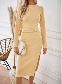 GENKIRA Women's Pleated Long Sleeve Sweater Dress Fall Cloth For Women - Khaki - View 4