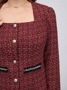 BizChic Hơn Hoa văn kẻ sọc Cổ vuông Tweed Áo khoác & Váy - Đỏ - Xem 9