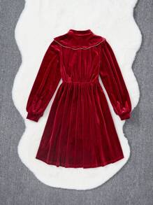 SHEIN Tween Girl Peter Pan Collar Button Front Velvet Dress - Red - View 2