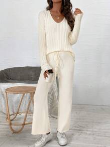 SHEIN Essnce Women's V-neck Drop Shoulder Sweater 2pcs/set - Apricot - View 3