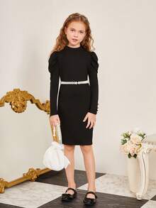 女大童小高領羊腿袖紐扣細節洋裝不附腰帶 - 黑色 - 查看 7