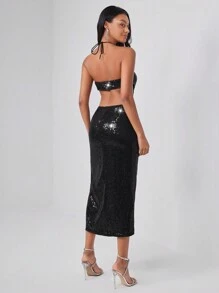Taranthola Designer Cut Out Split Thigh Glittery Sparkle Sequin Halter Dress Outfit, Summer Elegant Dress, Sundress For Holiday, Party, Birthday Outfits, Festival, Wedding Prom Dress - Black - View 2