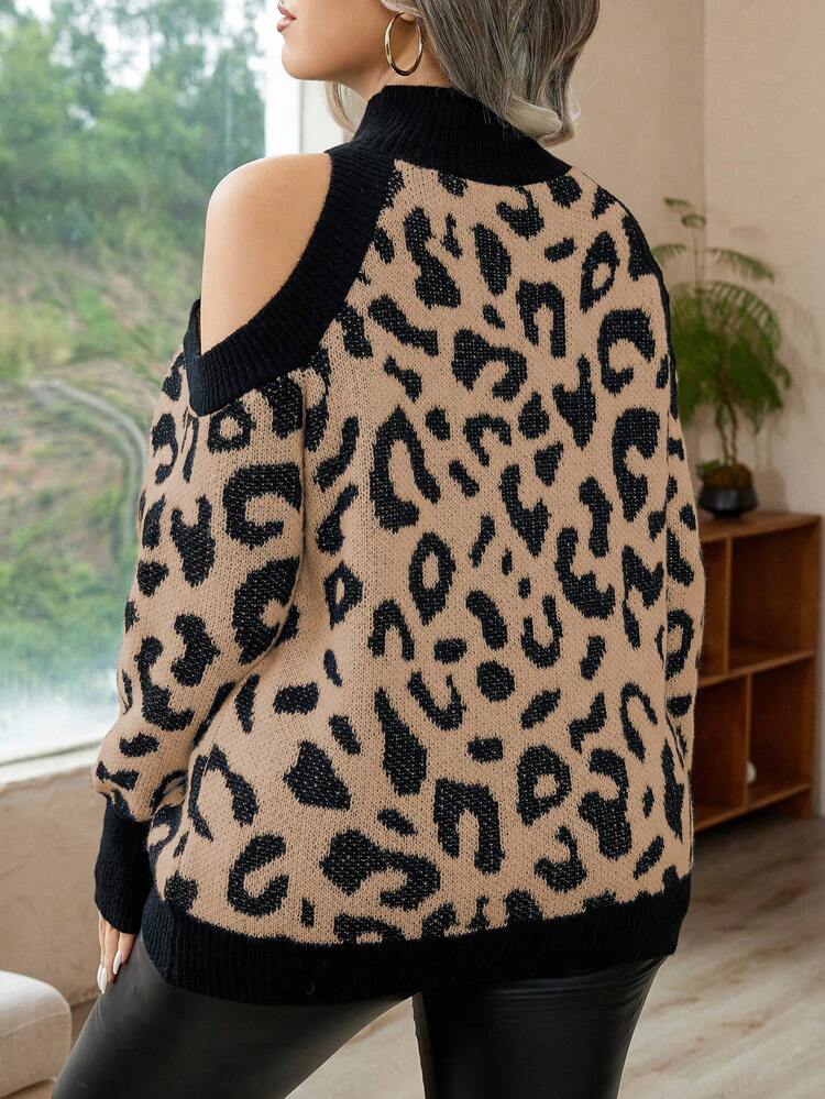 Plus Size Leopard Print Cold Shoulder Sweater, For Winter Knit Pullover Fall Sweater