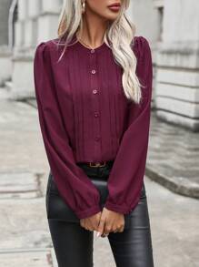 SHEIN LUNE 女性素色百褶襯衫 - 酒紅色 - 查看 5