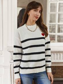 SHEIN Frenchy Women's Stripe Drop Shoulder Sweater - Black and White - View 3