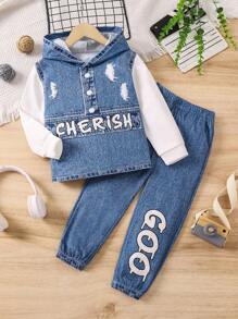SHEIN Young Boy Letter Print 2 In 1 Hooded Jacket And Pants Set For Fall/Winter - Blue - View 1