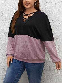 SHEIN LUNE 双色交叉前襟落肩卫衣，适合毕业季、返校季、毕业典礼、教师节等场合，女士返校套头衫，秋季卫衣 - 彩色 - 查看 5