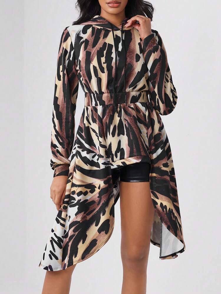 Designer Allover Print High Low Hem Hooded Sweatshirt, For Holiday, Vacation, Spring, Festival, Workout, Ibiza Fits