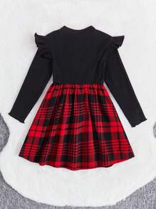 SHEIN Young Girl Plaid Patchwork School Style Dress With Bowknot Detail, Long Sleeve