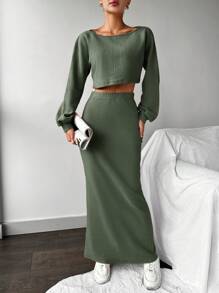 EURMUSE 2pcs/set Solid Color Lantern Sleeve T-shirt And Skirt - Olive Green - View 5