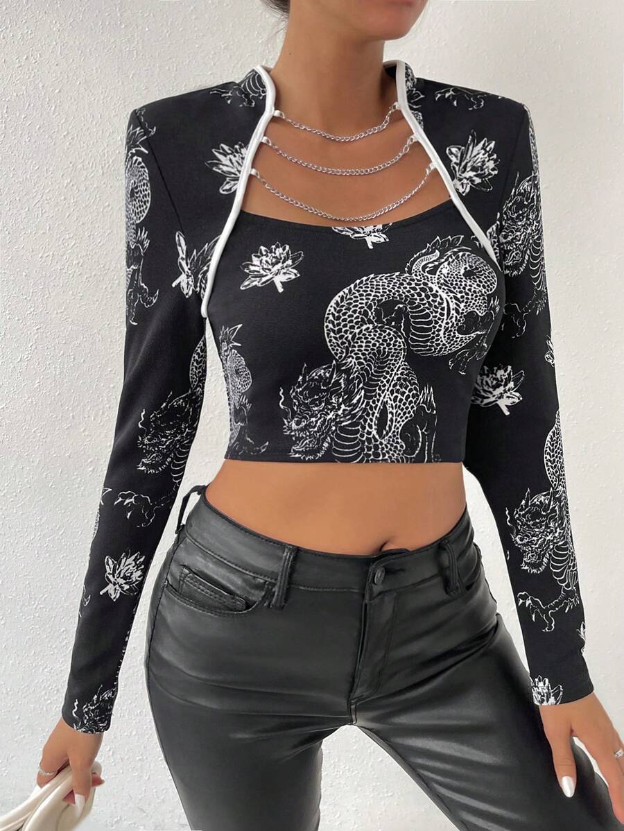 Allurite Rồng In Chi tiết chuỗi 2 trong1 Áo thun - màu đen - Xem 1