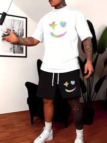 Set de 2 piezas para hombre de camiseta de manga corta y pantalón corto de verano, con estampado de Halloween, conjunto casual de moda con bolsillo, pantalón con cordón en la cintura, adecuado como regalo para esposo/novio