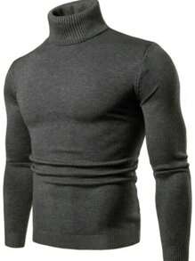 Men's Solid Color Basic Turtleneck Sweater - Grey - View 5