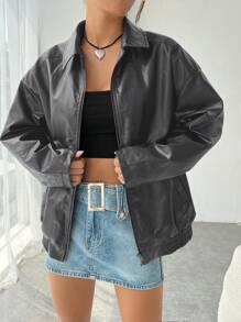 SHEIN EZwear 落肩拉鍊pu皮外套 - 深灰色 - 查看 1