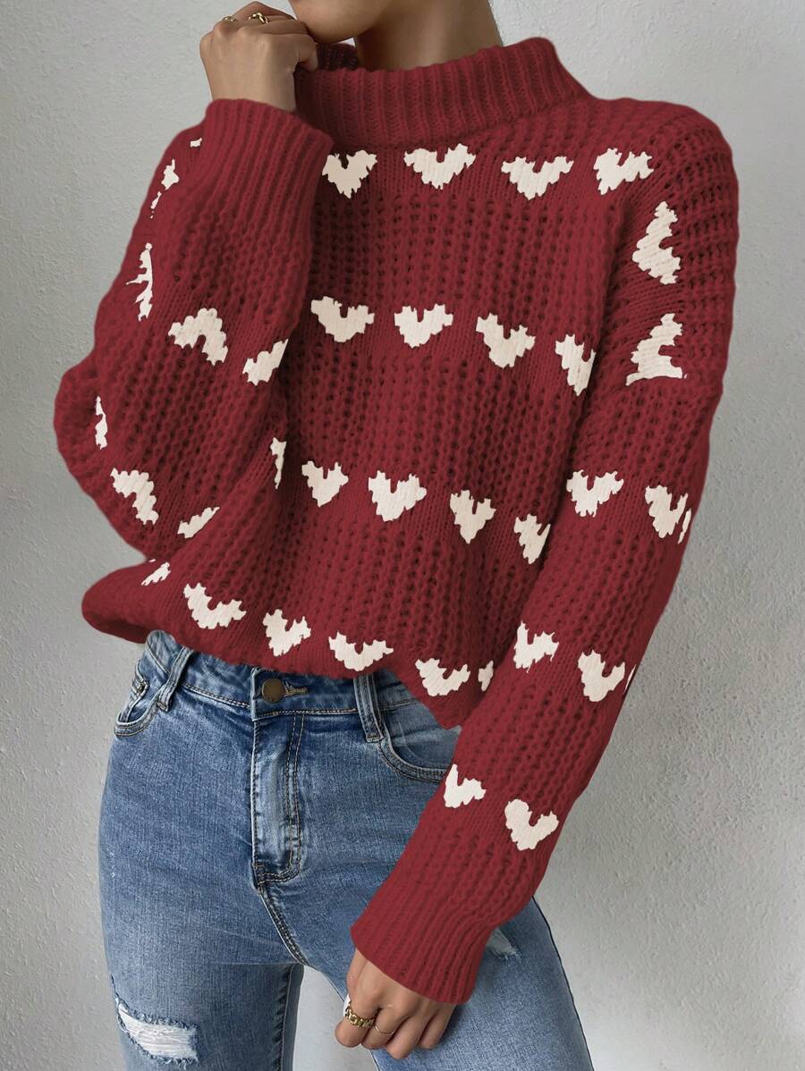 SHEIN Essnce Heart Patterned Turtleneck Sweater With Drop Shoulder Sleeve Design - Multicolor - View 1
