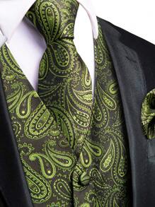 Men Green Printed Single-Breasted Suit Vest - Green - View 3