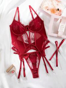 SHEIN Conjunto De Lencería Sexy De 3 Piezas De Encaje Y Malla Unidos - Burdeos - Ver 1