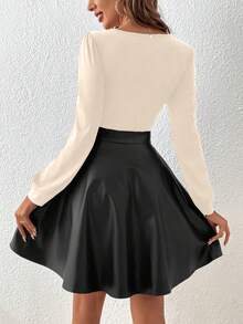 SHEIN Frenchy Women's Color Block Turn-down Collar Long Sleeve Dress - Apricot - View 2