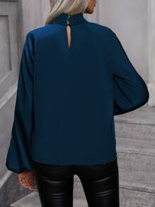 SHEIN Clasi Blusa Con Manga Farol Y Cuello De Cerradura - Azul Marino - Ver 2