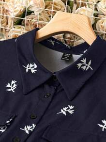 SHEIN LUNE Kích thước lớn In hoa Nút phía trước Váy sơ mi Với Flap túi - Màu xanh hải quân - Xem 5