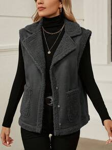 SHEIN LUNE Dual Pocket Teddy Lined Vest Jacket - Grey - View 7