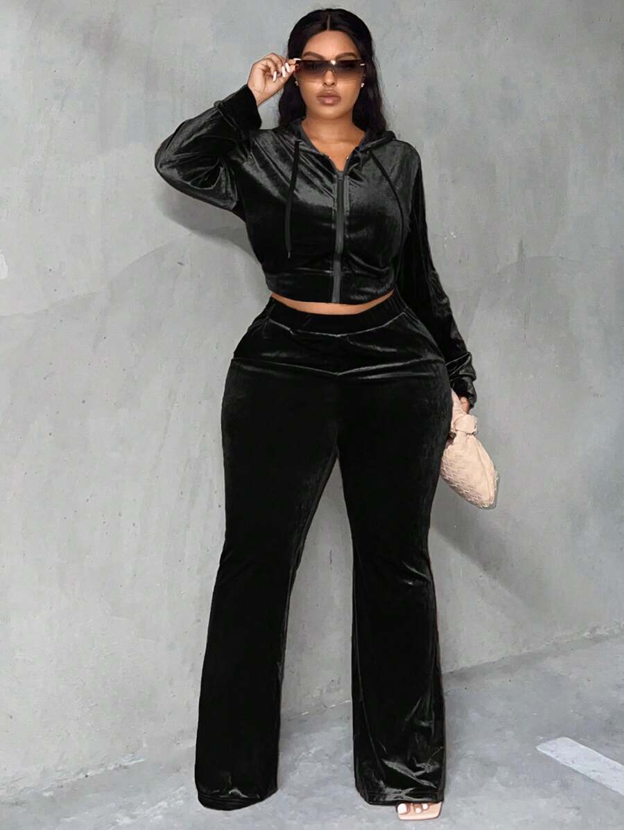 Slaydiva Của phụ nữ Màu thuần áo có mũ Dây rút Dây kéo Áo khoác Và Quần Bộ - màu đen - Xem 1