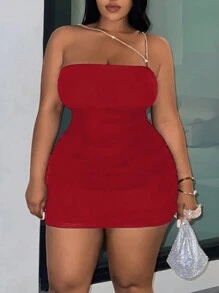 Slaydiva Plus Size Chain Mesh Dress - Red - View 4