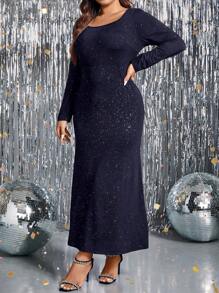 SHEIN Clasi Plus Size Glitter Dress Without Belt - Navy Blue - View 4